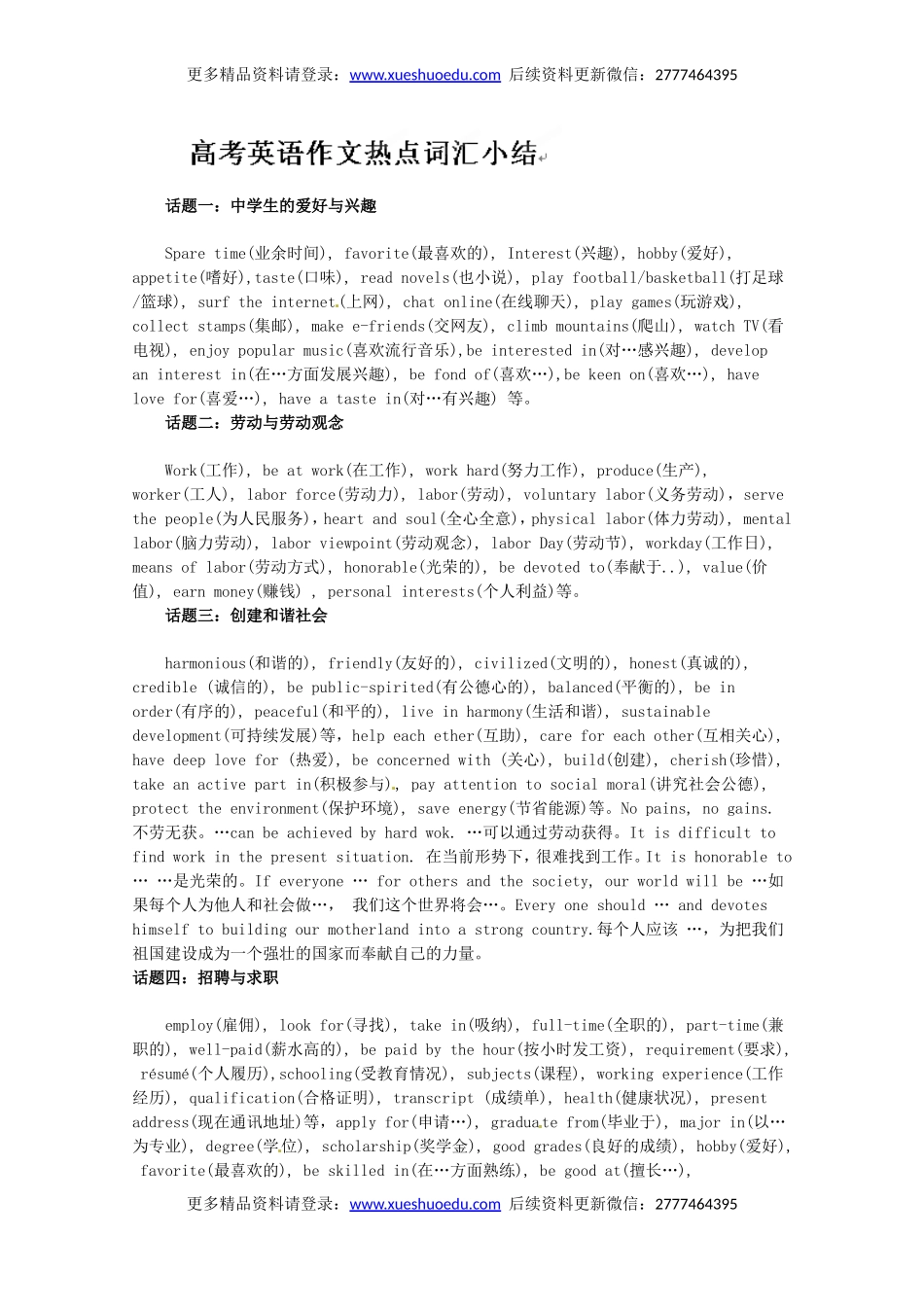 高考英语作文写作指南：作文热点词汇小结.doc_第1页