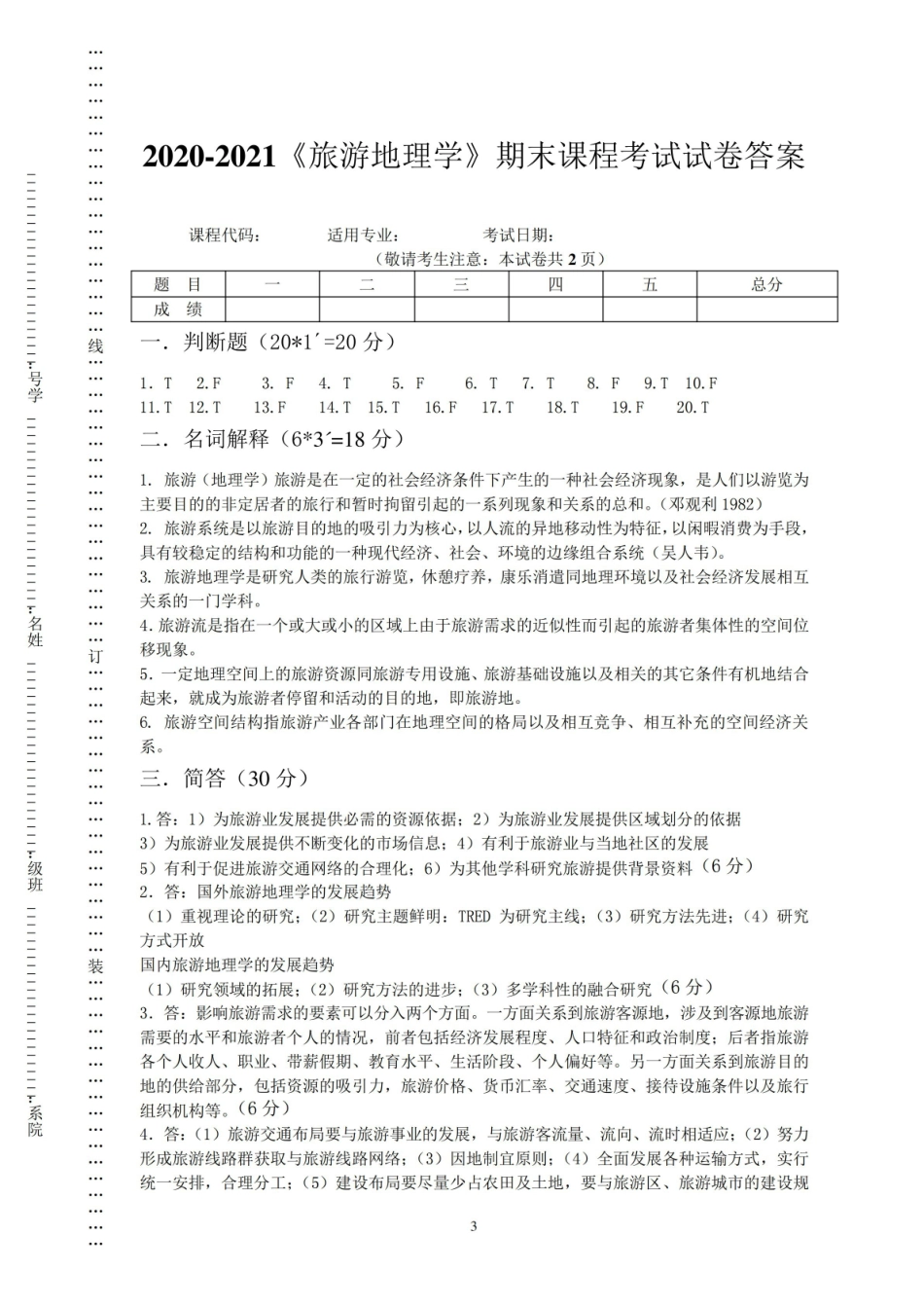 2020-2021大学旅游地理学期末课程考试试卷(含答案).pdf_第3页