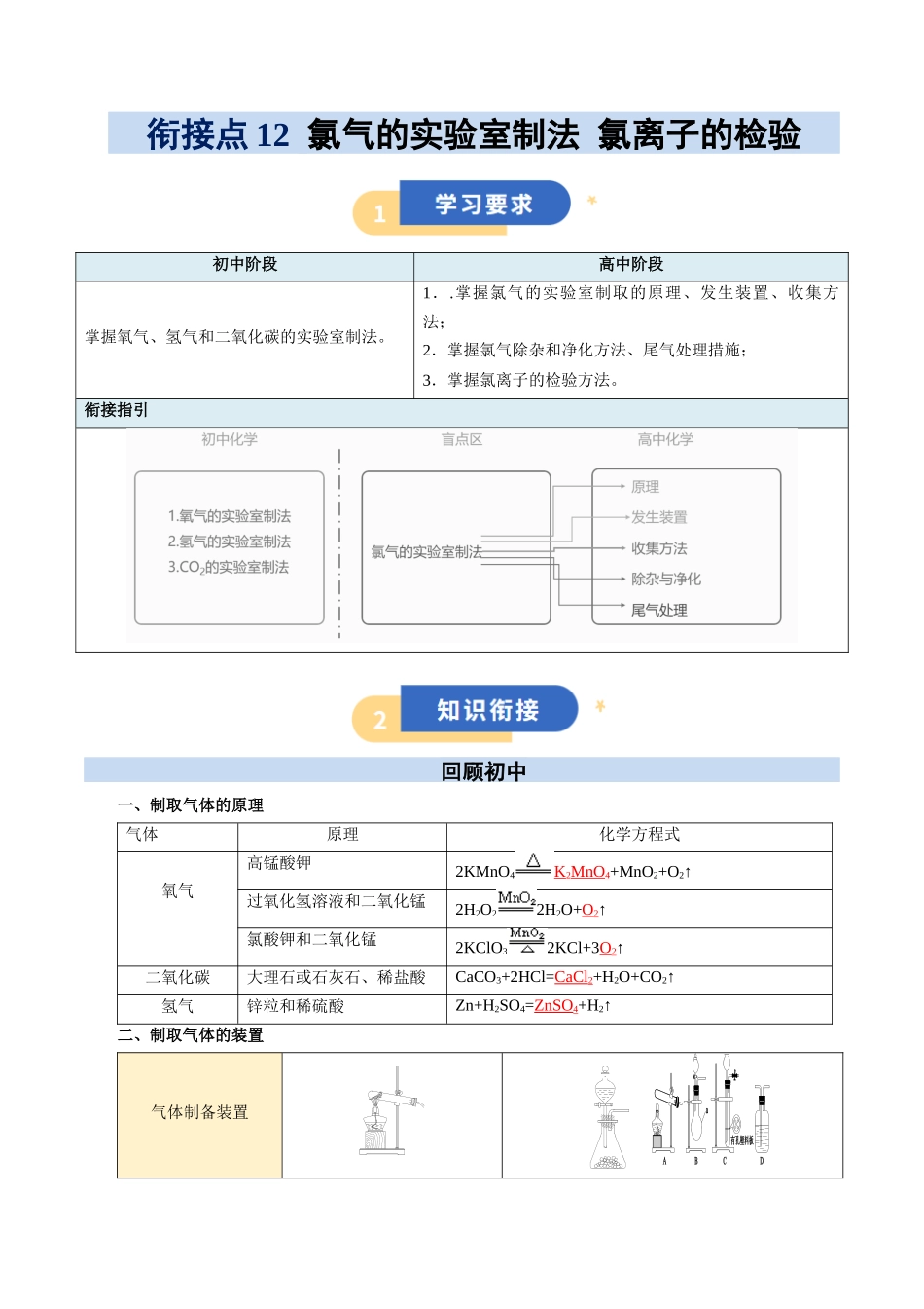 【01-初高衔接】衔接点12氯气的实验室制法氯离子的检验(教师版)-2025年初升高化学暑假衔接讲练(通用版).docx_第1页