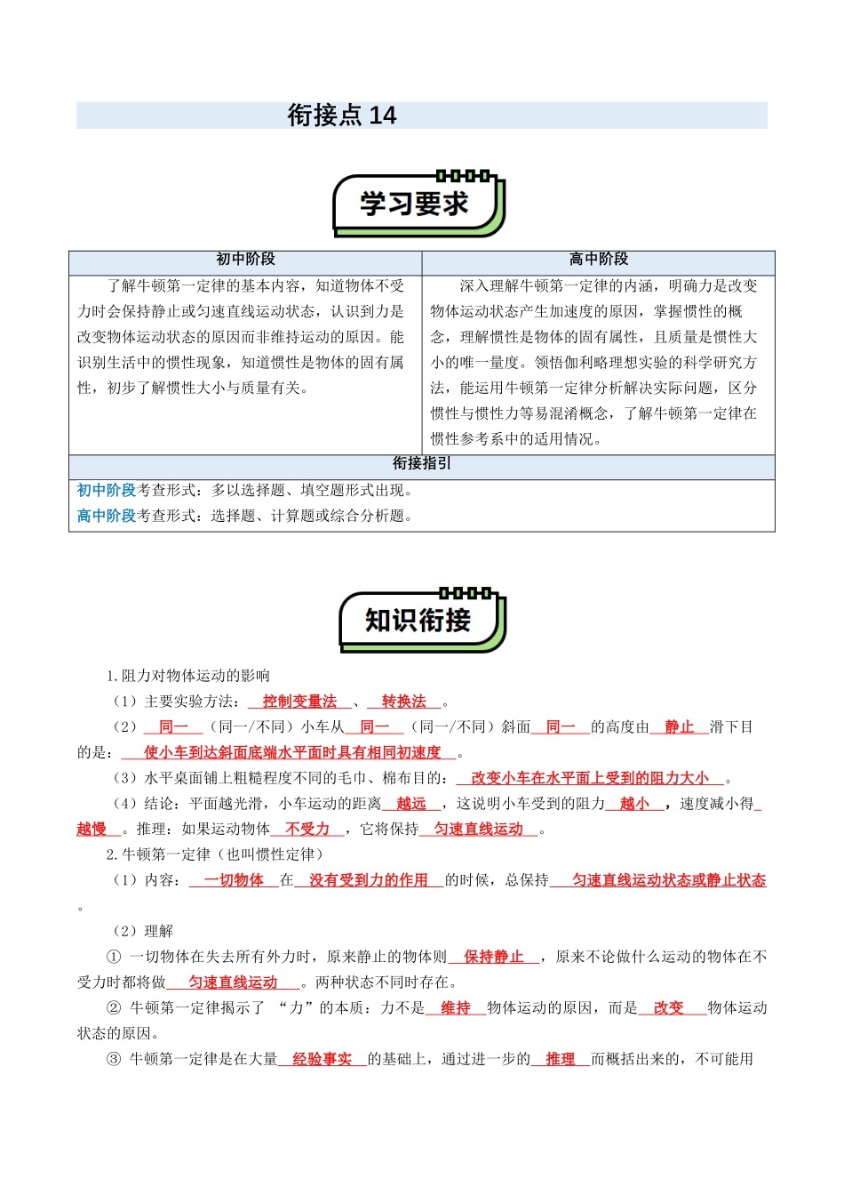 【01-初高衔接】衔接点14牛顿第一定律(教师版)-2025年初升高物理暑假衔接讲练(通用版).docx_第1页