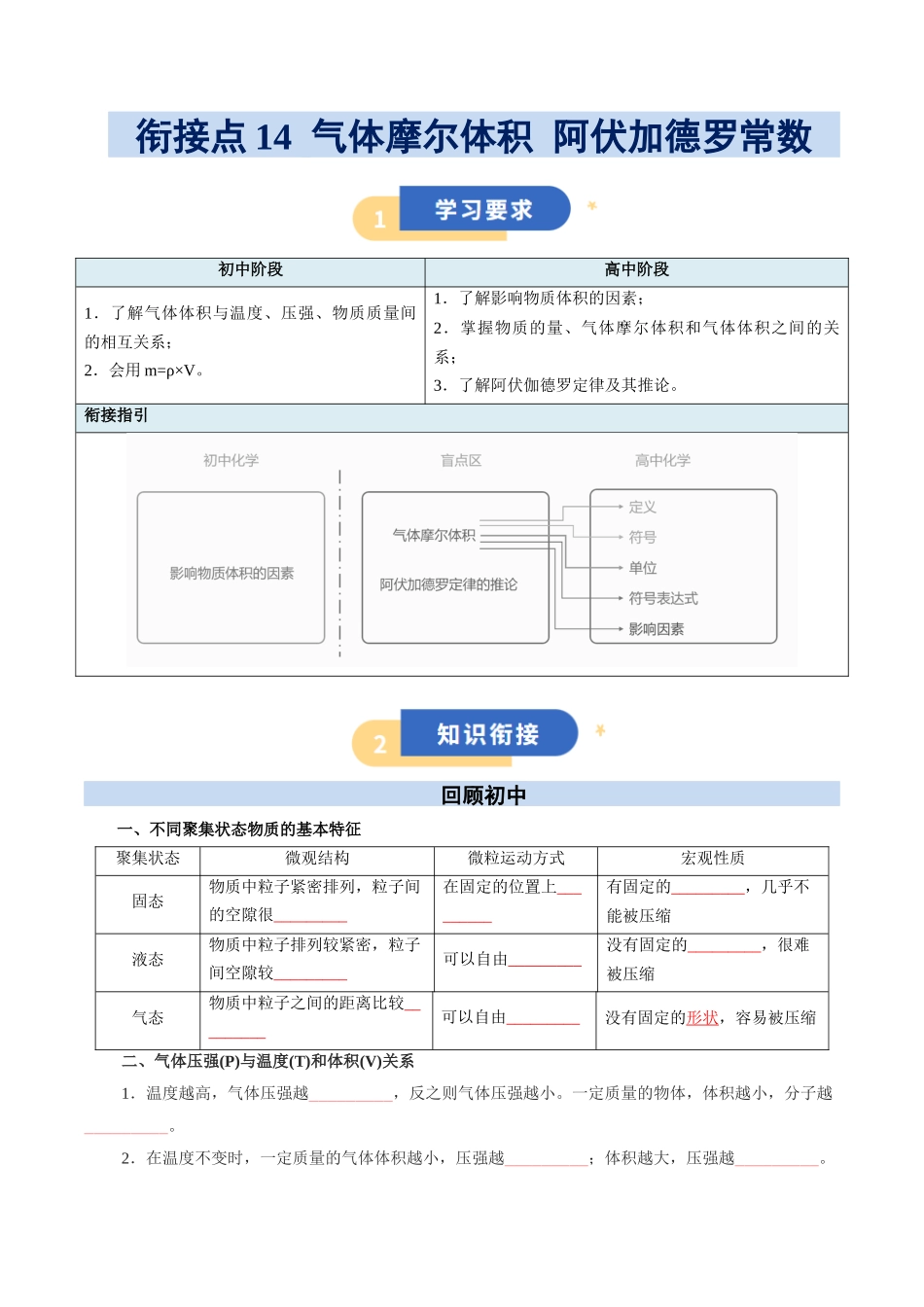 【01-初高衔接】衔接点14气体摩尔体积阿伏加德罗常数（学生版）-2025年初升高化学暑假衔接讲练(通用版).docx_第1页
