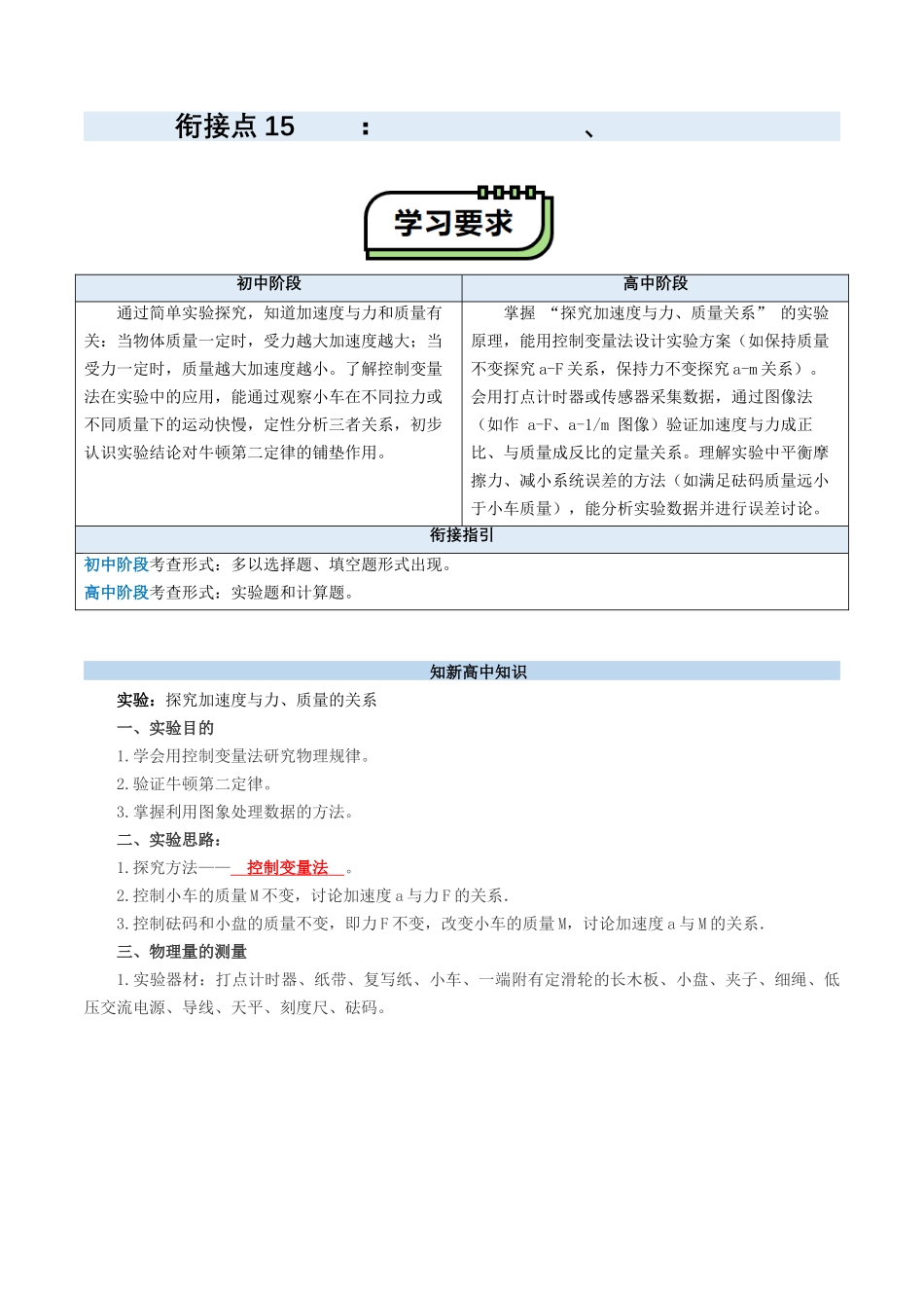 【01-初高衔接】衔接点15实验:探究加速度与力、质量的关系(教师版)-2025年初升高物理暑假衔接讲练(通用版).docx_第1页