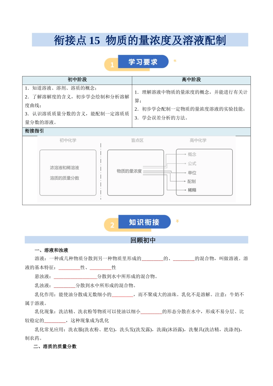 【01-初高衔接】衔接点15物质的量浓度及溶液配制（学生版）-2025年初升高化学暑假衔接讲练(通用版).docx_第1页