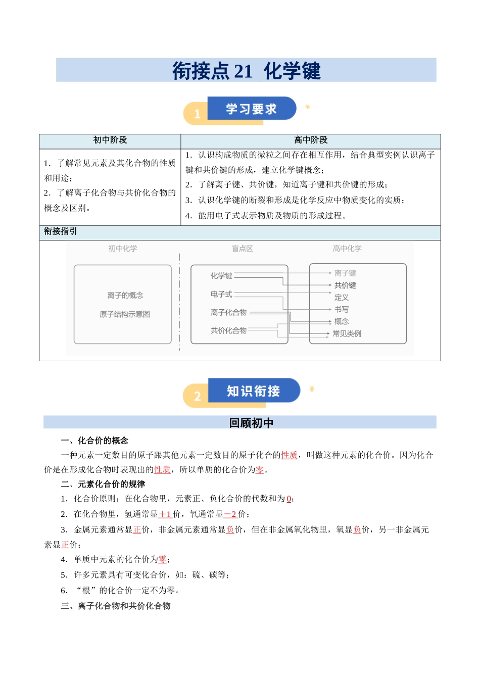 【01-初高衔接】衔接点21化学键(教师版)-2025年初升高化学暑假衔接讲练(通用版).docx_第1页