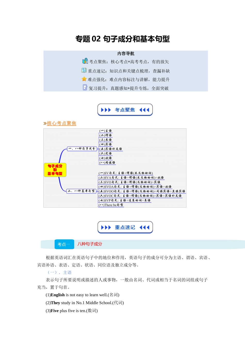 【01-暑假复习】专题02句子成分和基本句型(初高中衔接)(教师版)-2025年新高一英语暑假衔接讲练(译林版).docx_第1页
