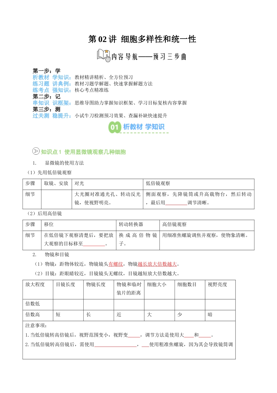 【01-暑假预习】第02讲细胞的多样性和统一性(学生版)-2025年新高一生物暑假衔接讲练(人教版).docx_第1页