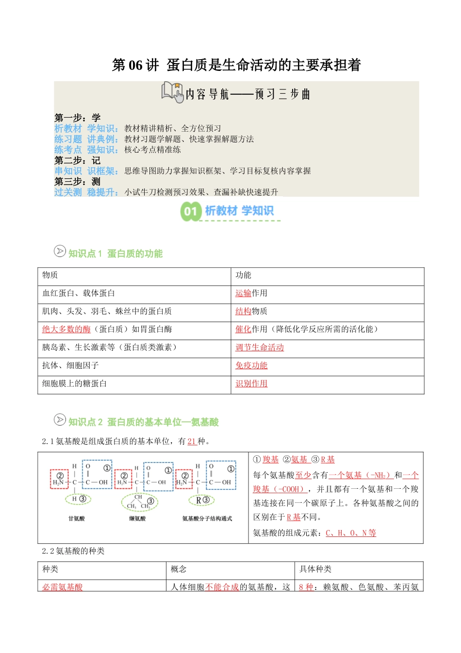 【01-暑假预习】第06讲蛋白质是生命活动的主要承担者（教师版）-2025年新高一生物暑假衔接讲练(人教版).docx_第1页