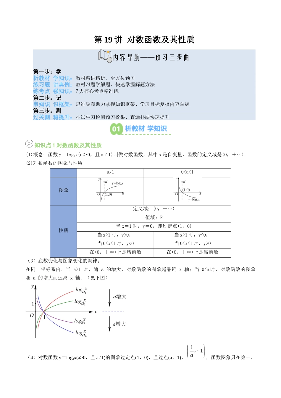 【02-暑假预习】第19讲对数函数及其性质（教师版）-2025年新高一数学暑假衔接讲练(人教A版).docx_第1页