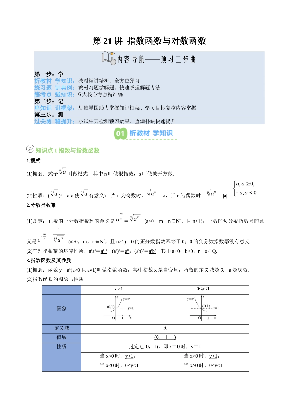 【02-暑假预习】第21讲指数函数与对数函数-章末复习(教师版)-2025年新高一数学暑假衔接讲练(人教A版).docx_第1页