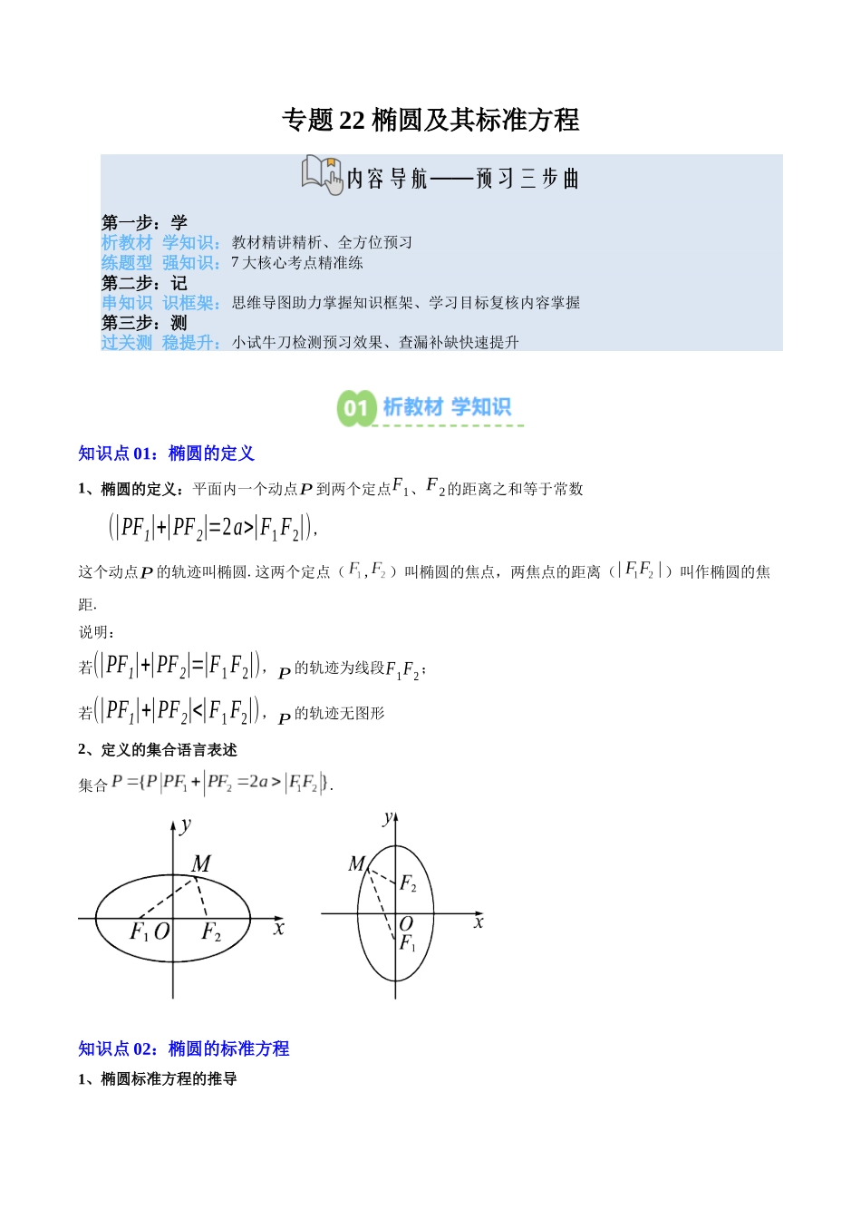 【02-暑假预习】专题22椭圆及其标准方程（4知识点+7大题型+思维导图+过关检测）（学生版）-2025年新高二数学暑假衔接讲练(人教A版).docx_第1页