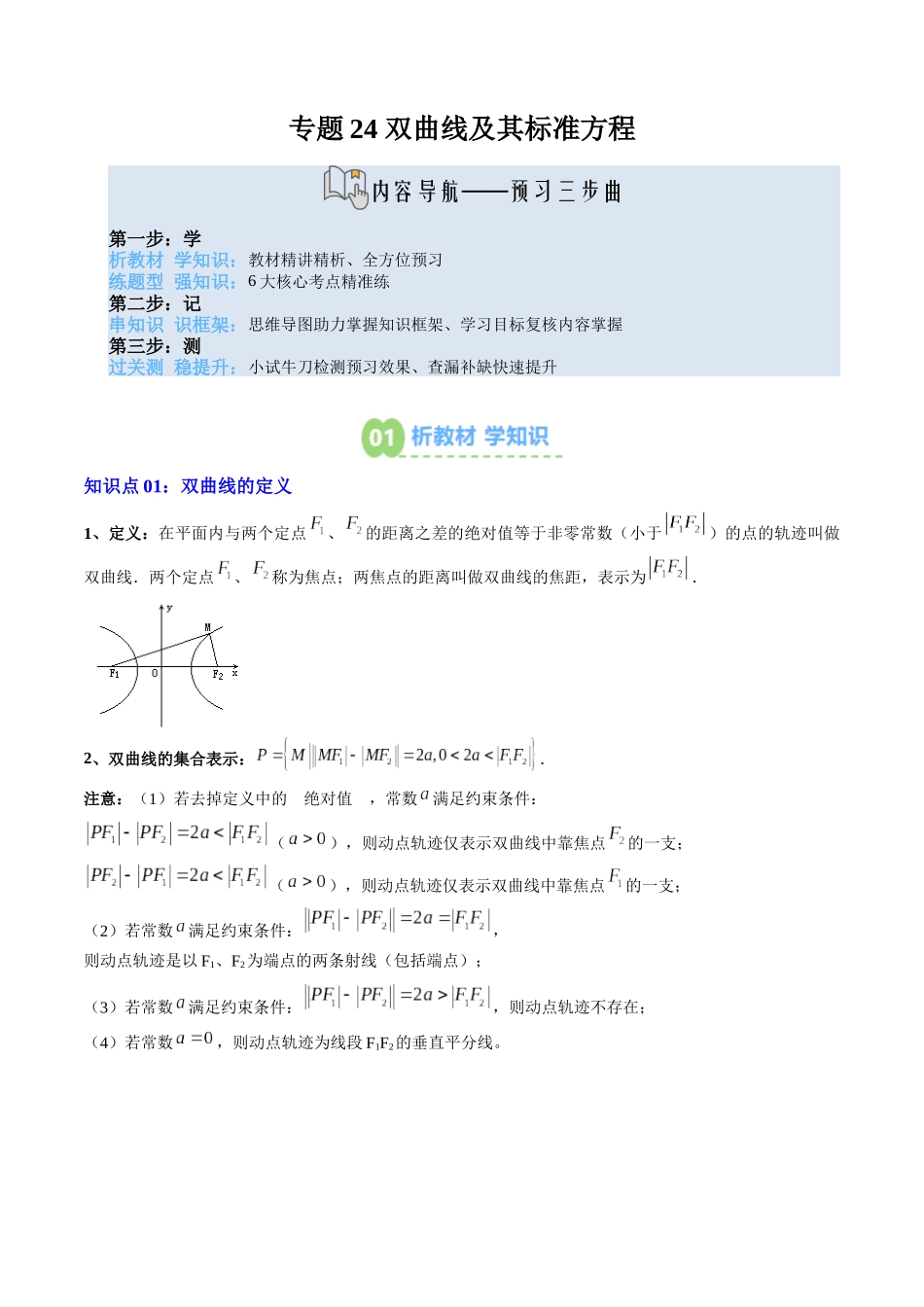 【02-暑假预习】专题24双曲线及其标准方程（3知识点+6大题型+思维导图+过关检测）（教师版）-2025年新高二数学暑假衔接讲练(人教A版).docx_第1页