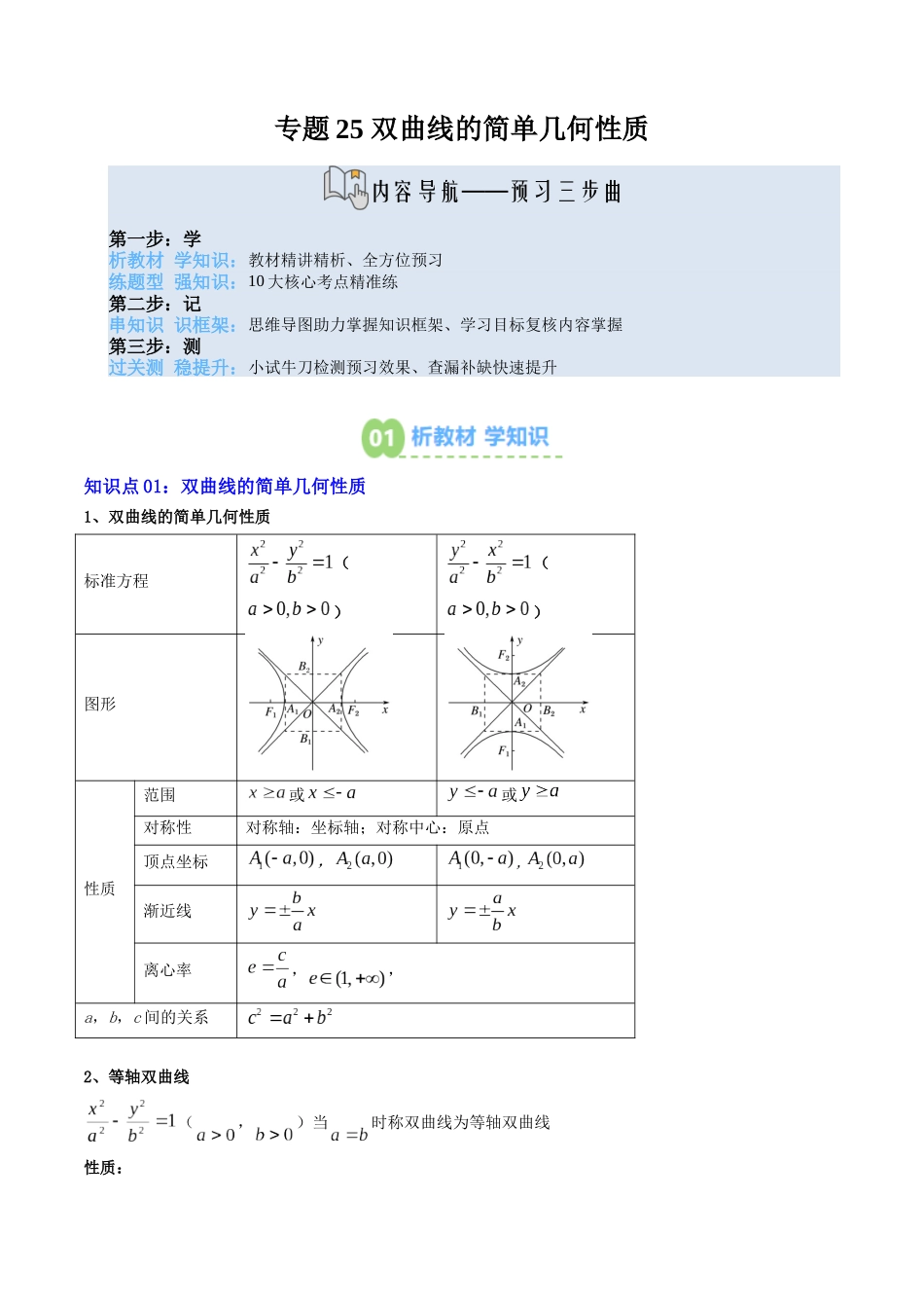 【02-暑假预习】专题25双曲线的简单几何性质（4知识点+10大题型+思维导图+过关检测）（学生版）-2025年新高二数学暑假衔接讲练(人教A版).docx_第1页