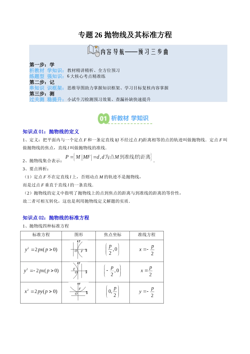 【02-暑假预习】专题26抛物线及其标准方程（3知识点+6大题型+思维导图+过关检测）（学生版）-2025年新高二数学暑假衔接讲练(人教A版).docx_第1页