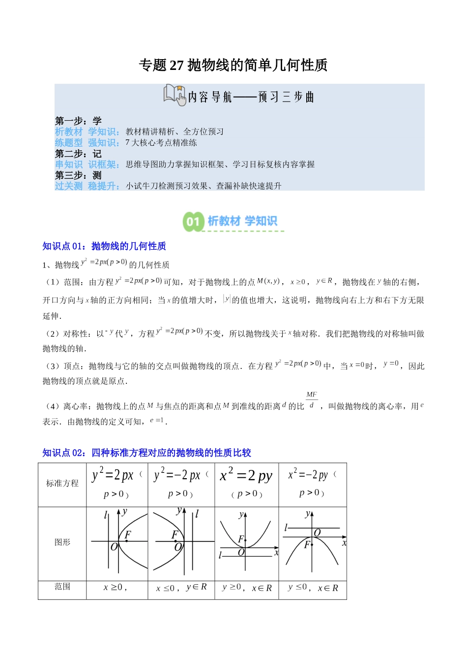 【02-暑假预习】专题27抛物线的简单几何性质(5知识点+7大题型+思维导图+过关检测)(学生版)-2025年新高二数学暑假衔接讲练(人教A版).docx_第1页