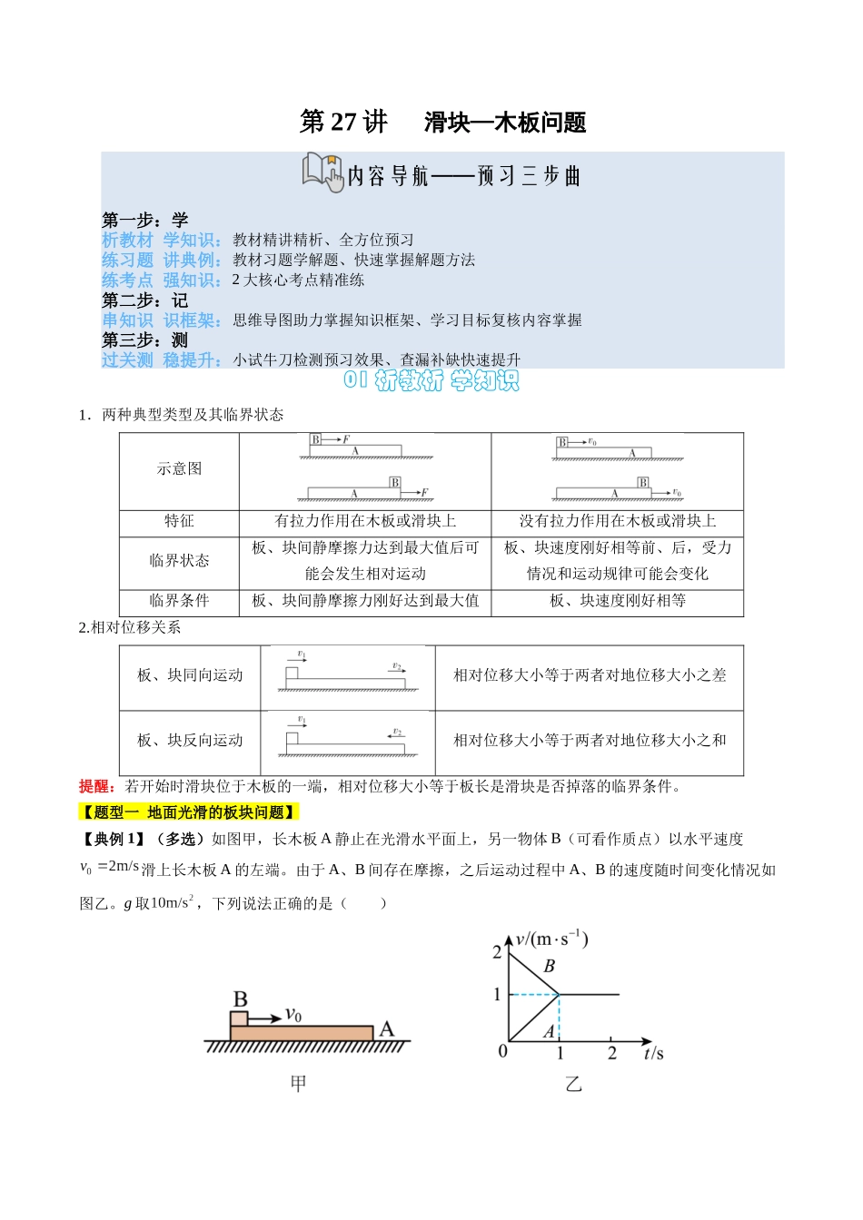 【02-新课预习】第27讲专题提升-滑块—木板问题(教师版)-2025年新高一物理暑假衔接讲练(人教版).docx_第1页