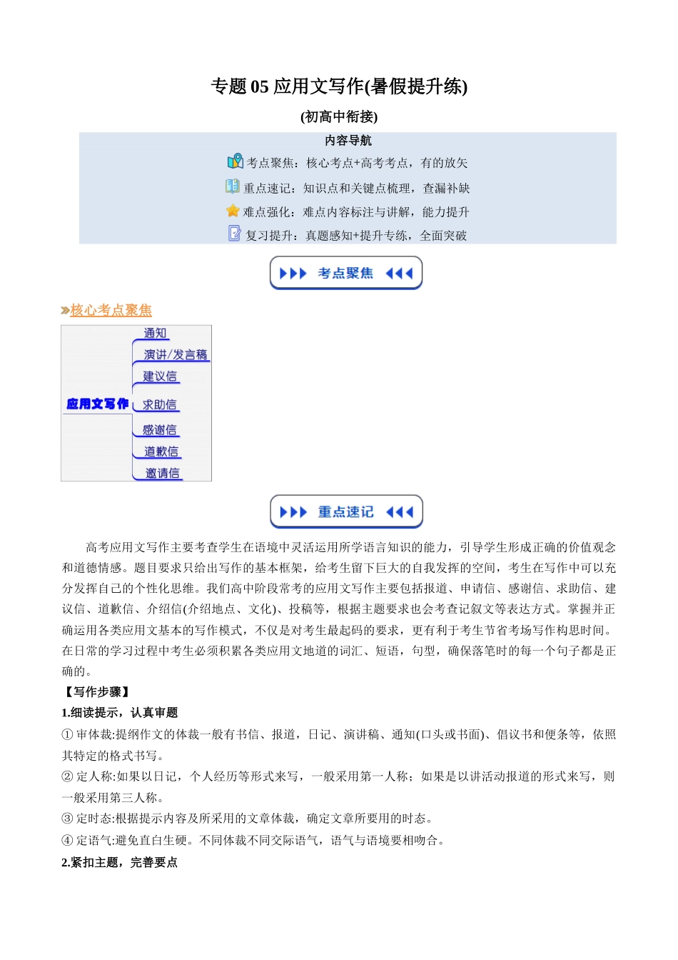 【03-暑假培优练】专题05应用文写作(暑假提升练)(学生版)-2025年新高一英语暑假衔接讲练(译林版).docx_第1页