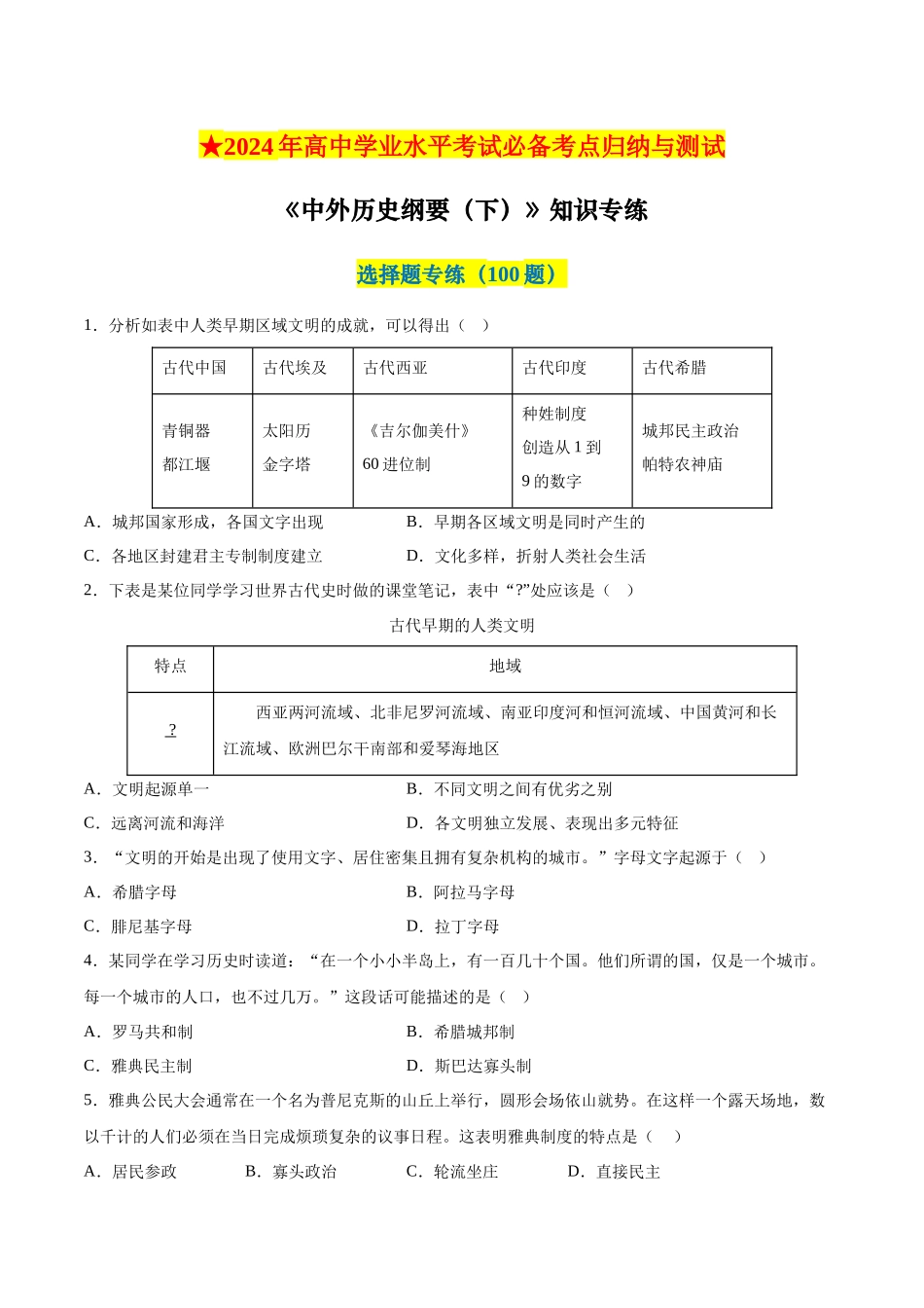 【2023年秋最新版】中外历史纲要下册（选择题100题）-【学考复习】2024年高中历史学业水平考试必备考点归纳与测试（新教材专用）.docx_第1页