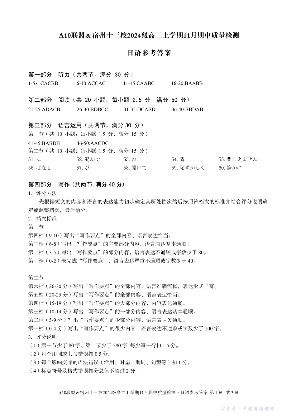 【日语答案】A10联盟&宿州十三校2024级高二上学期11月期中质量检测日语答案.pdf_第1页