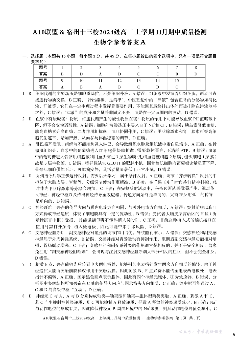 【生物学答案】（A卷）A10联盟＆宿州十三校2024级高二上学期11月期中质量检测生物学答案A.pdf_第1页