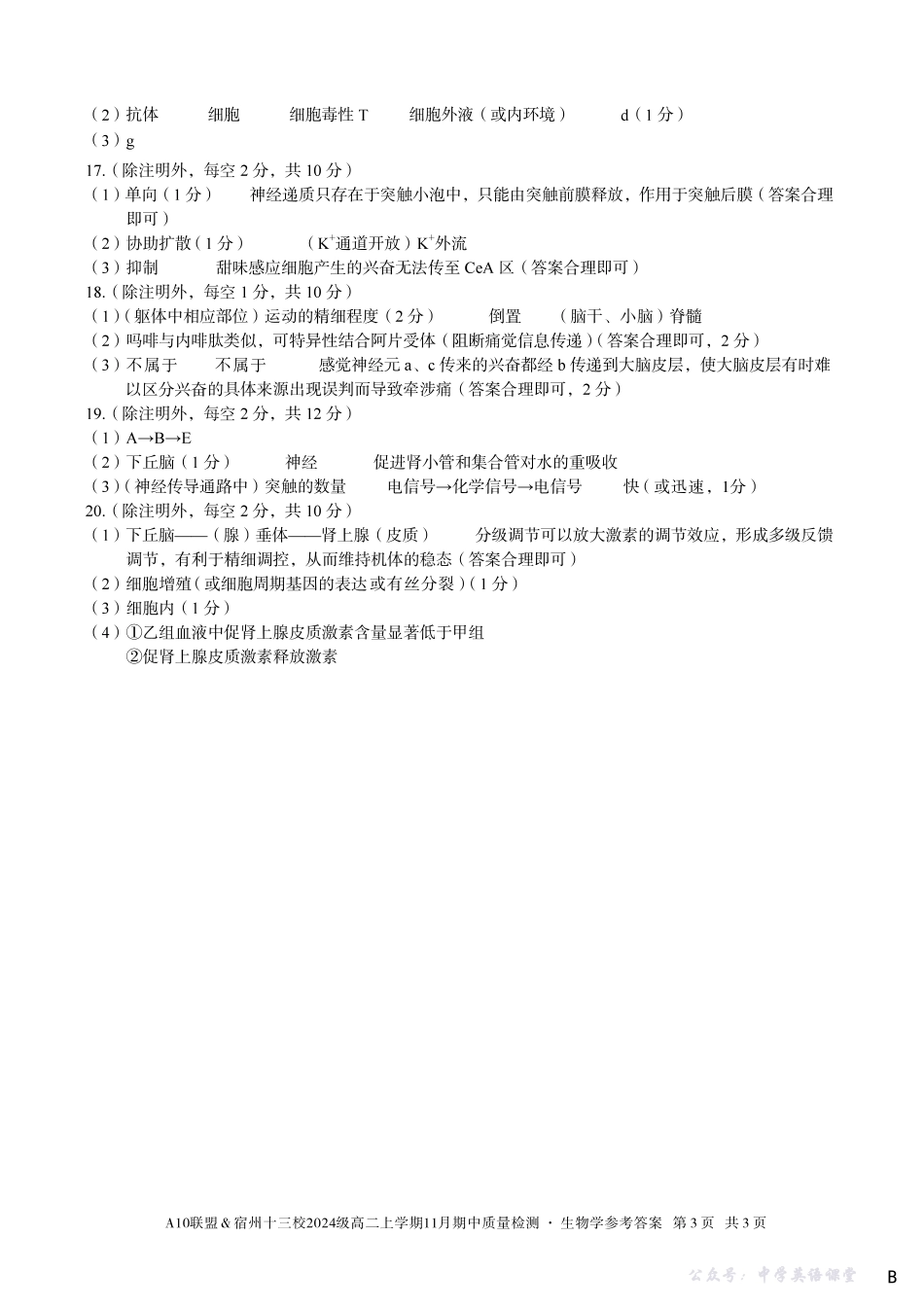 【生物学答案】（B卷）A10联盟＆宿州十三校2024级高二上学期11月期中质量检测生物学答案B.pdf_第3页