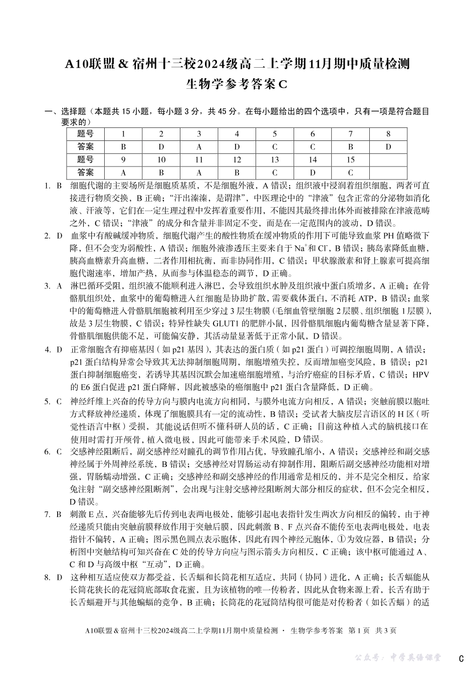 【生物学答案】（C卷）A10联盟＆宿州十三校2024级高二上学期11月期中质量检测生物学答案c.pdf_第1页