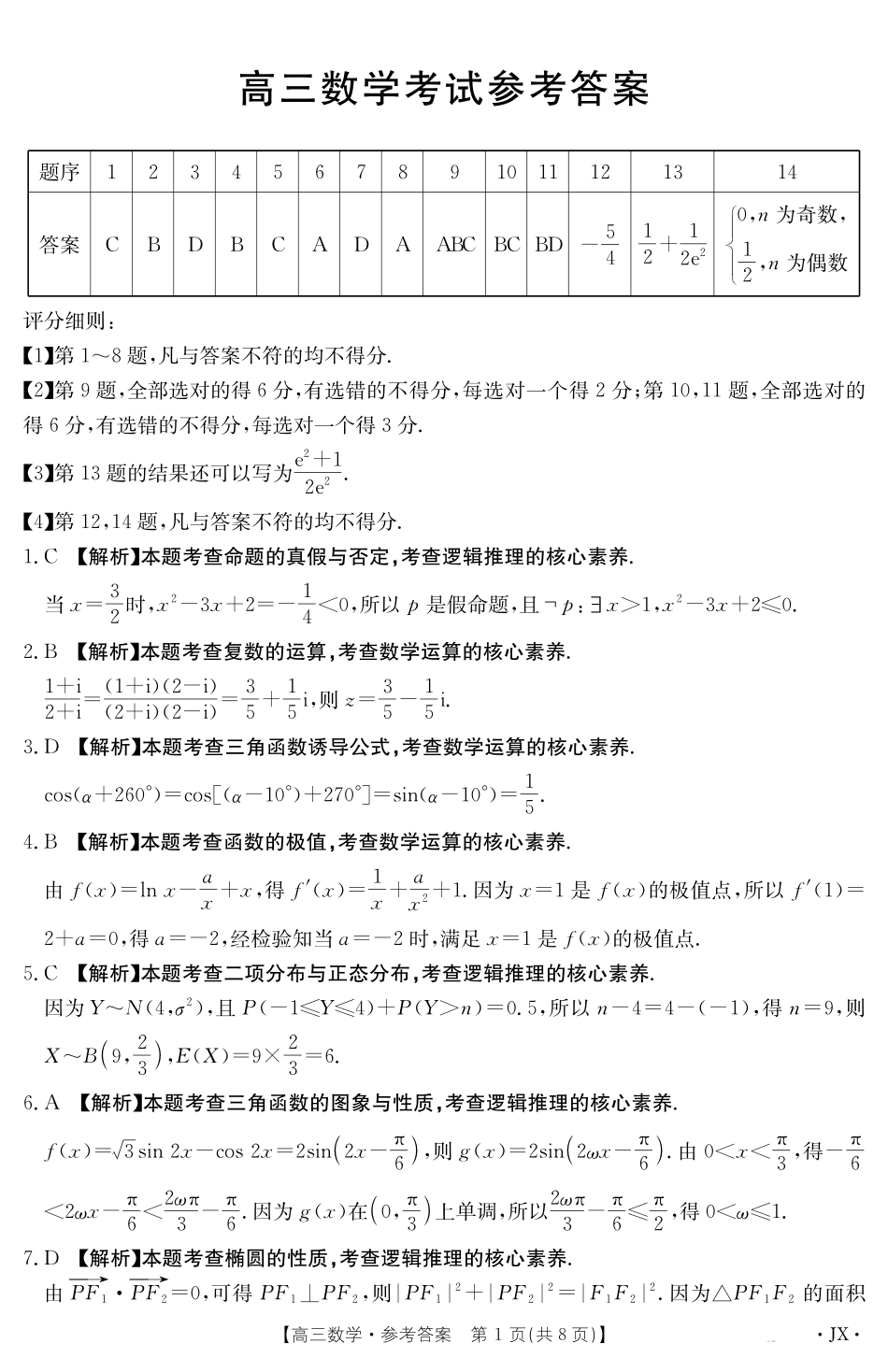 【数学试卷答案】江西省2025届高三下学期5月百万大联考(金太阳25-517C)(下标JX)(5.24-5.25).pdf_第1页