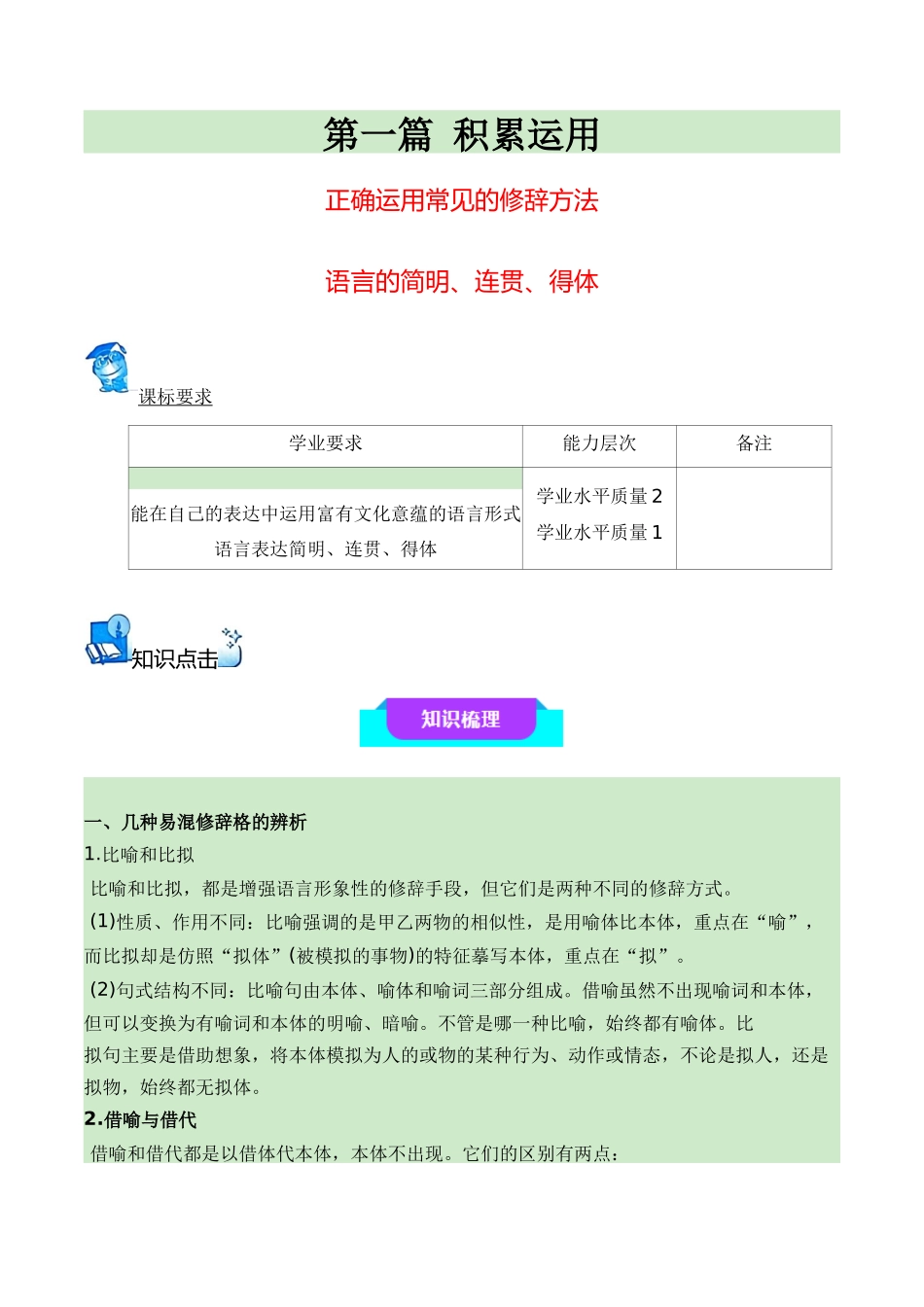 07正确运用常见的修辞方法+语言简明、连贯、得体(知识梳理+考点精讲精练+实战训练)-【学考复习】2024年高中语文学业水平考试必备考点归纳与测试(新教材专用)(解析版).docx_第1页