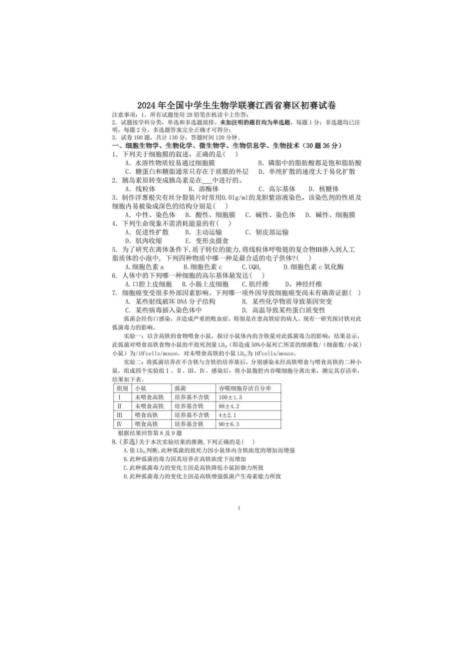 2024年江西省中学生生物学竞赛初赛试卷.pdf_第1页