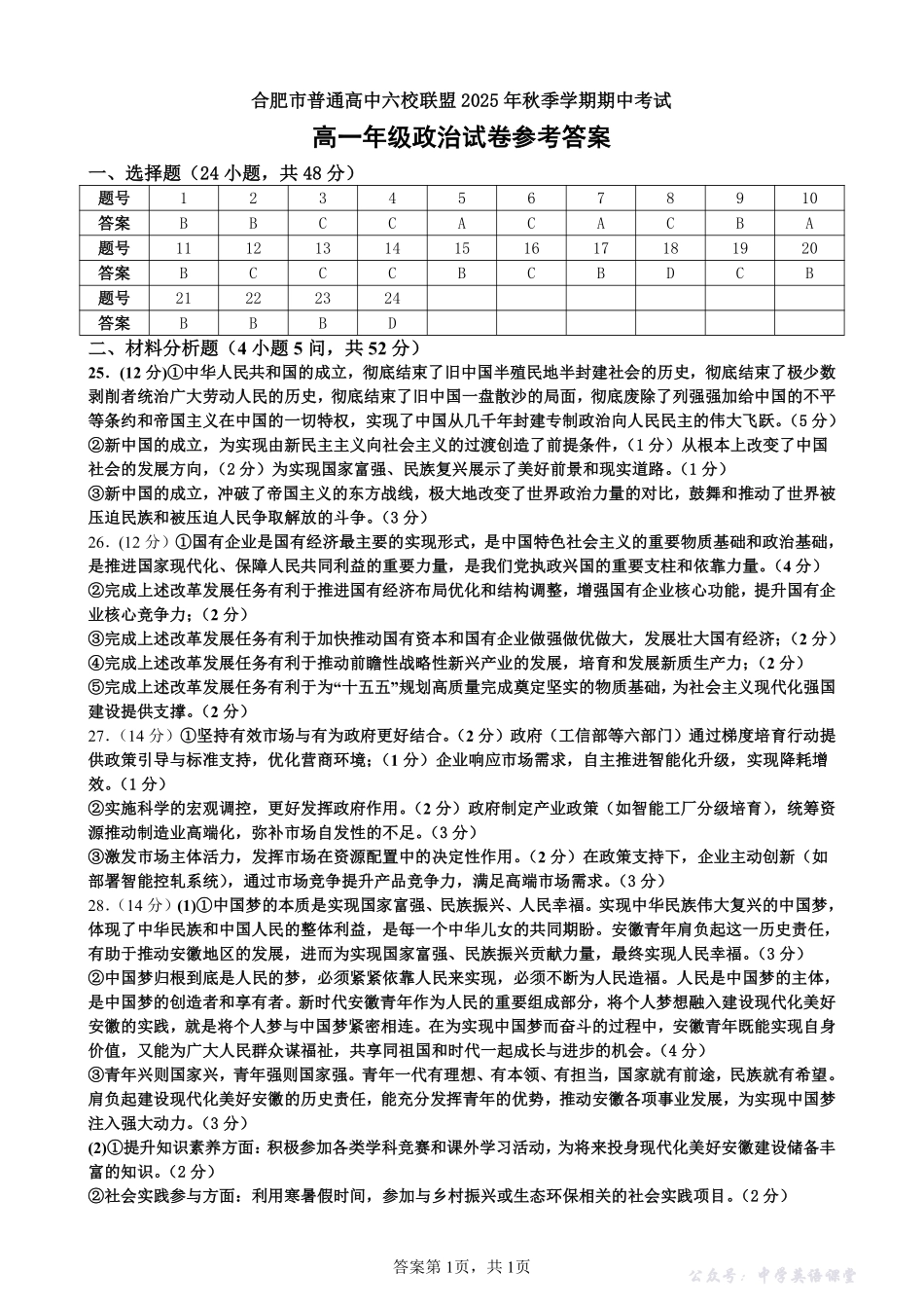 安徽合肥市六校联盟2025年秋季学期高一期中考试政治答案.pdf_第1页