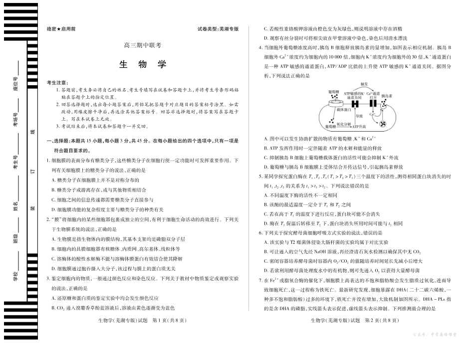 安徽省2026届高三上学期期中联考生物(芜湖专版).pdf_第1页