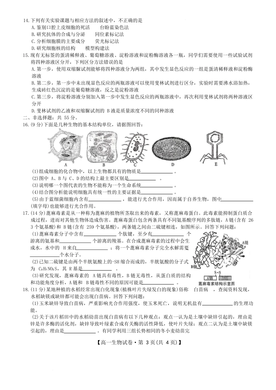 安徽省合肥市百花中学等四校联考2025-2026学年高一上学期11月期中考试生物.docx_第3页