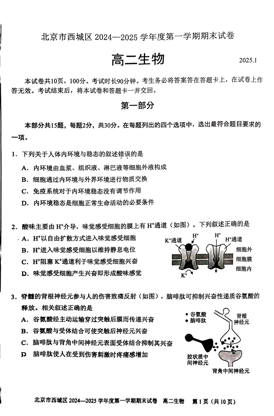 北京市西城区2024-2025学年高二上学期期末考试生物试卷（含答案）.pdf_第1页