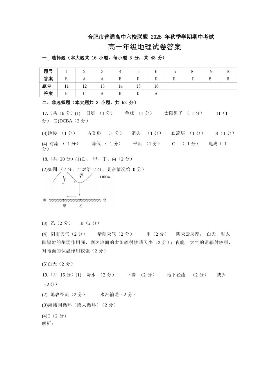地理试卷答案【高一】安徽省合肥省普通高中六校联盟2025年秋季学期高一年级上学期期中考试(11.13-11.14).docx_第1页
