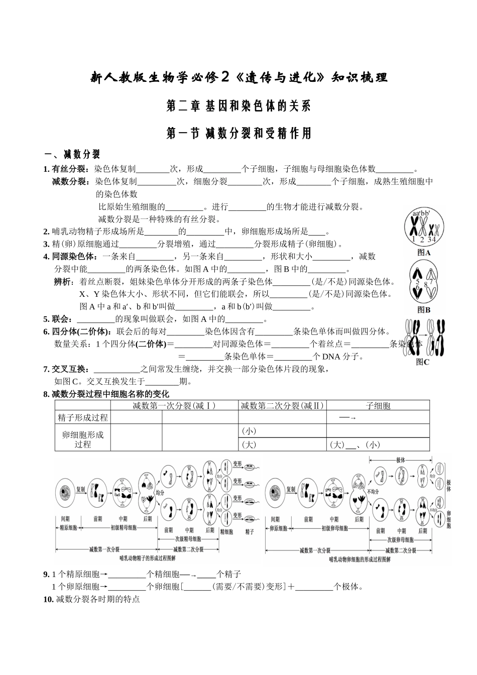 第2章基因和染色体的关系-【必背知识】高一生物章节知识清单(人教版必修2)(填空版).docx_第1页
