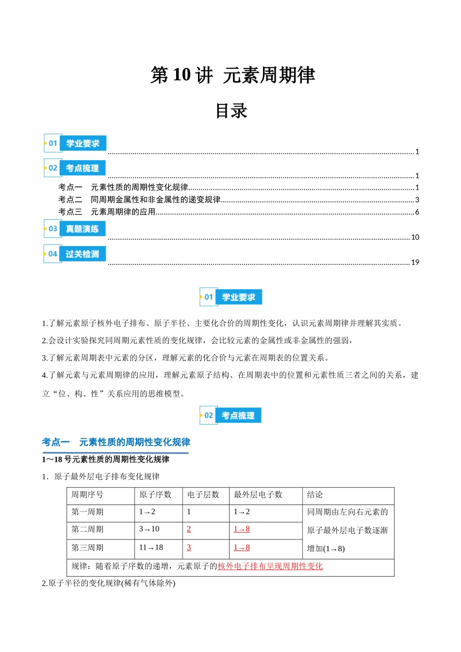 第10讲元素周期律-【学考复习】2024年高中化学学业水平考试必备考点归纳与测试（新教材专用）（解析版）.docx_第1页
