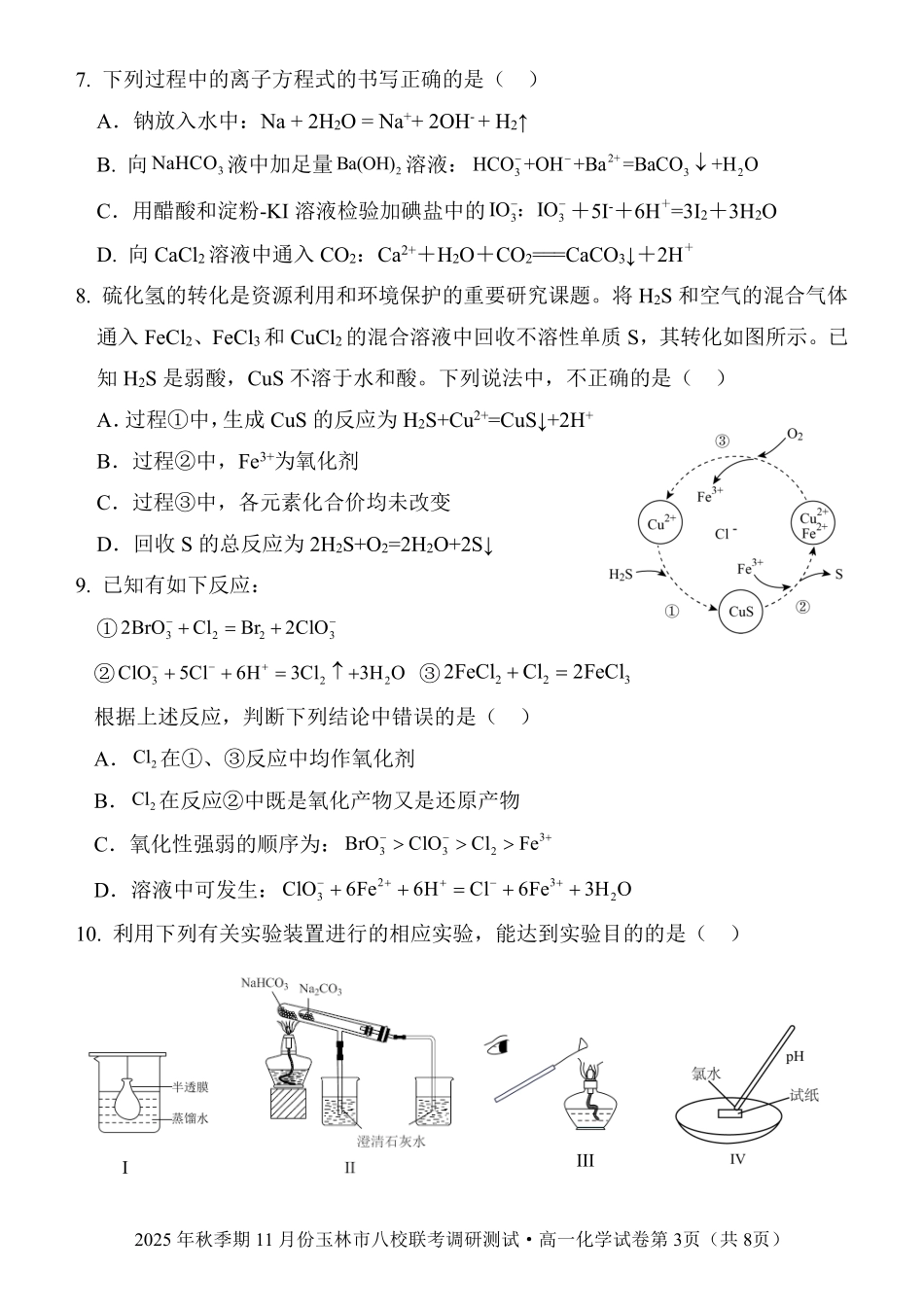 化学试卷【高一】广西壮族自治区玉林市八校2025年秋季期11月份高一年级联合调研测试（11.17-11.18）.pdf_第3页
