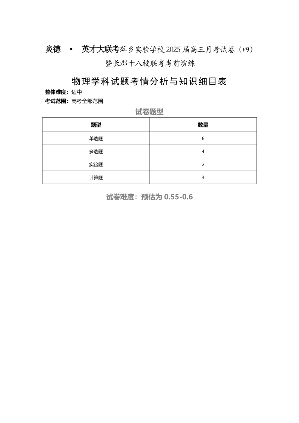 江西省(炎德英才大联考)萍乡实验学校2025届高三月考试卷(四)暨长郡十八校联考考前演练(11.25-11.26)物理试卷知识细目表.pdf_第1页