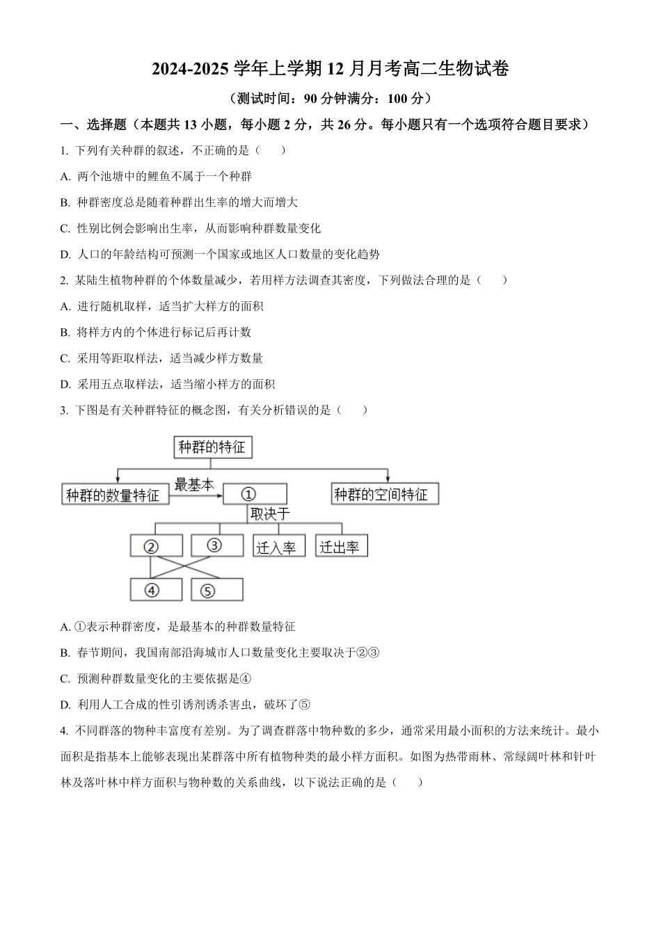 江西省赣州市大余县部分学校联考2024-2025学年高二上学期12月月考生物试题.pdf_第1页