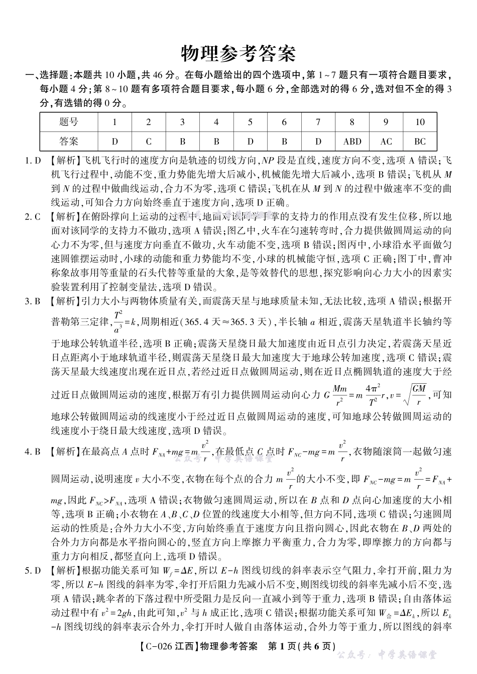 江西省九校重点中学2026届高三年级第一次联合考试物理答案.pdf_第1页