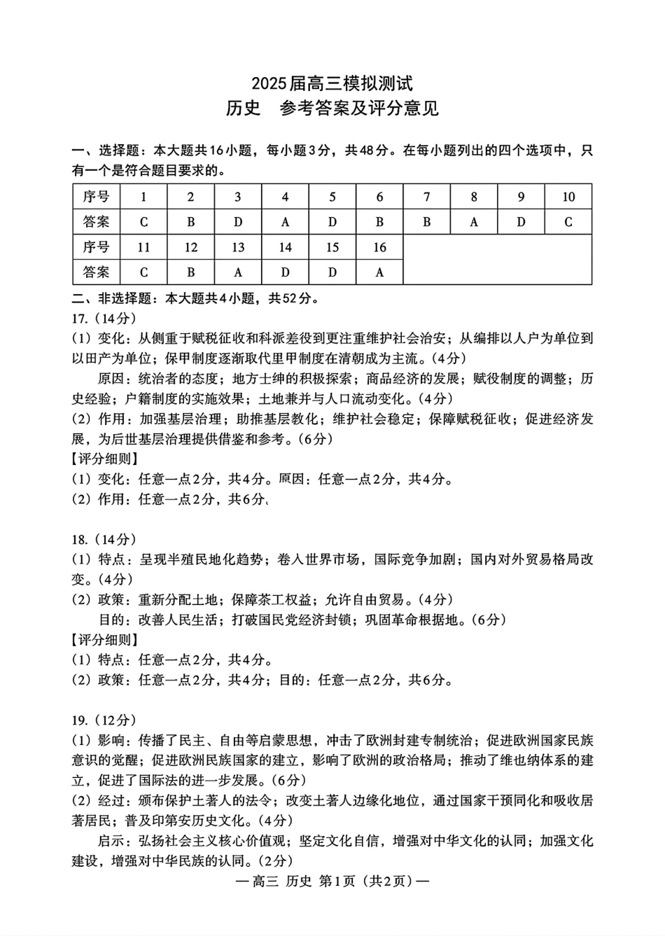 江西省南昌市2025届高三模拟测试（南昌一模）（2.20-2.22）历史试卷答案.pdf_第1页