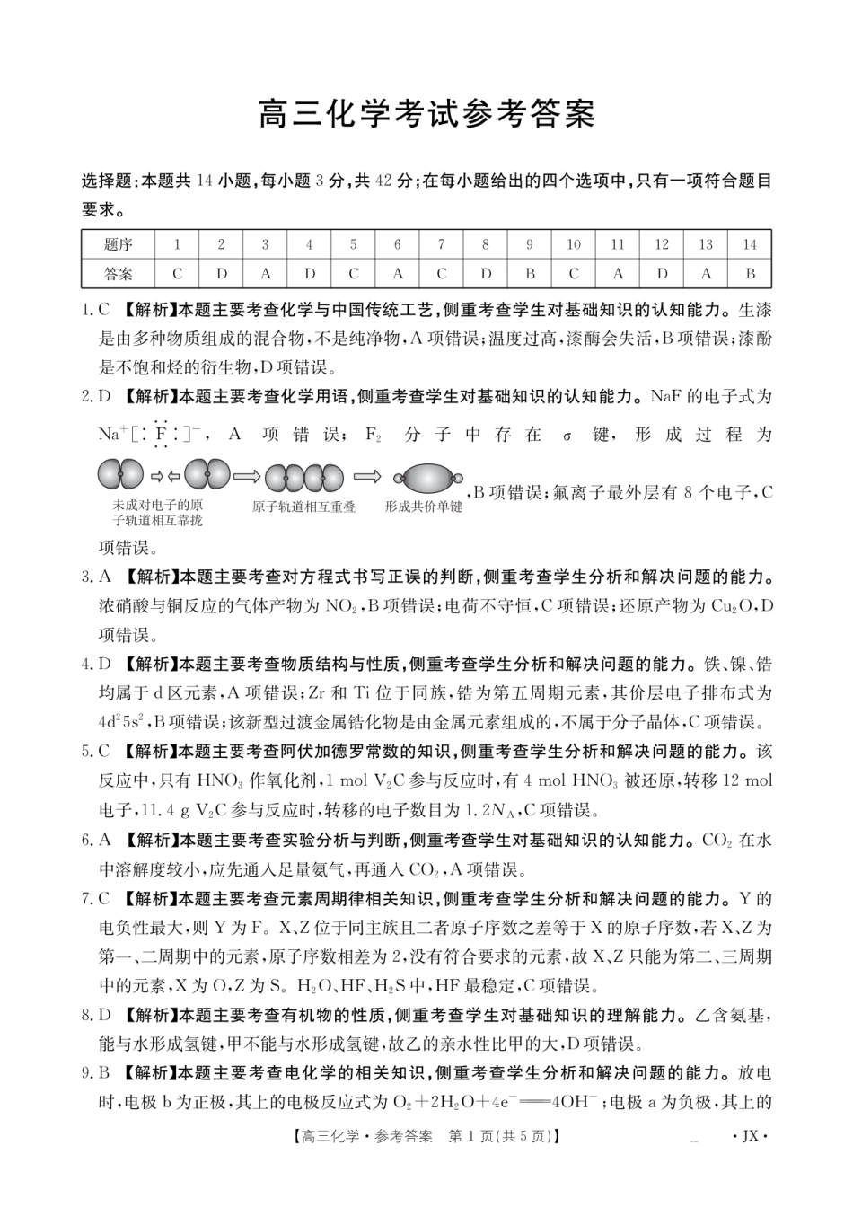 金太阳26-1001C2026届高三上学期8月百万大联考化学答案.pdf_第1页
