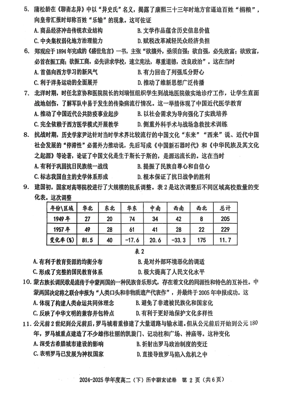 历史试卷+答案江西省赣州市2024-2025学年度第二学期高二年级期末考试(6.30-7.2).pdf_第2页