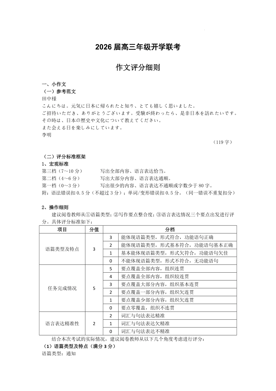 日语试卷日语作文评分标准广东省衡水金卷2026届新高三8月开学联考(8.4-8.5).pdf_第1页