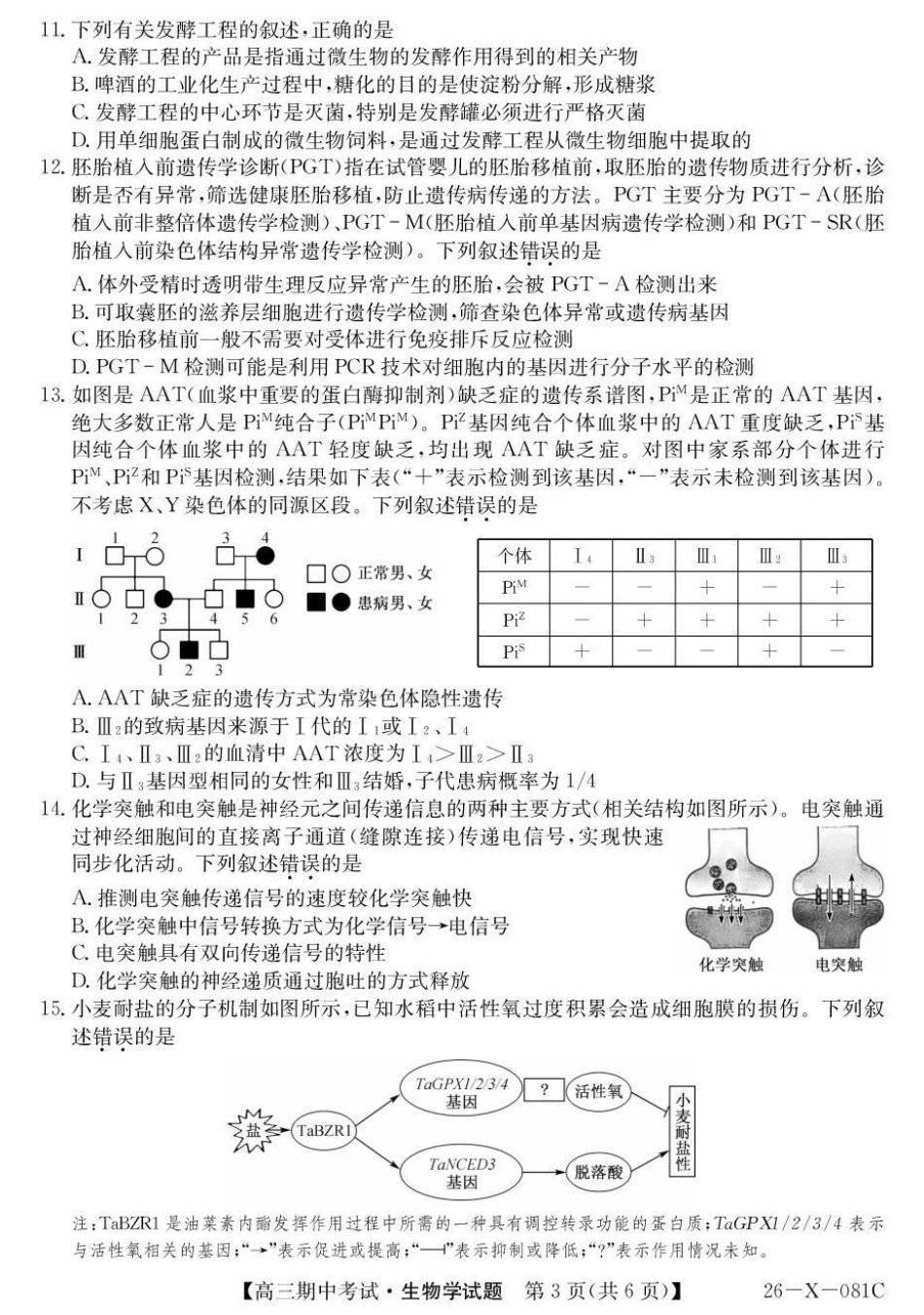 生物试卷(26-X-081C)+答案26-X-081C2025-2026学年度高三年级第一学期期中考试(11.6-11.7).pdf_第3页