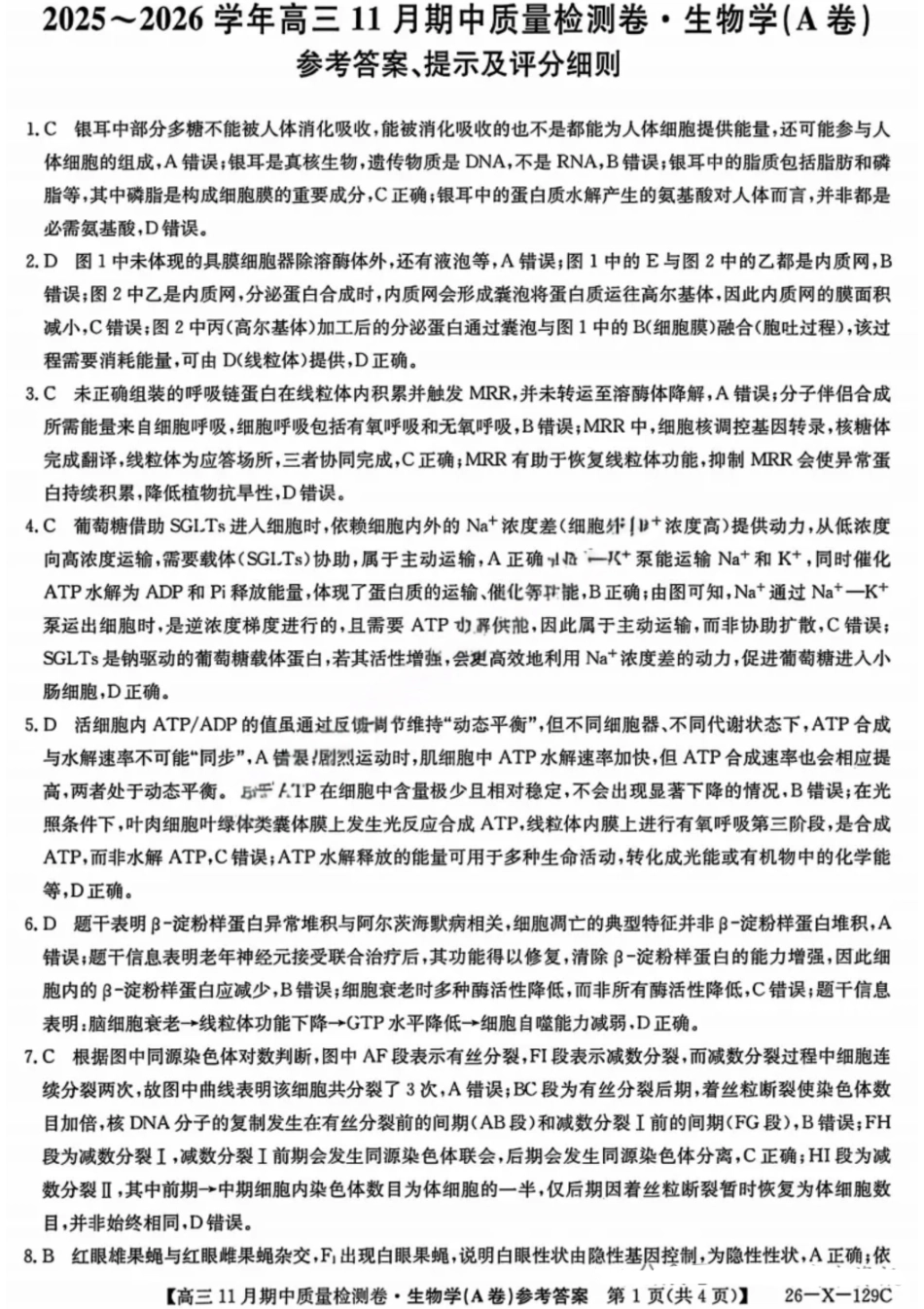 生物试卷答案26-X-129C2025-2026学年高三11月期中质量检测卷(11.6-11.7).pdf_第1页