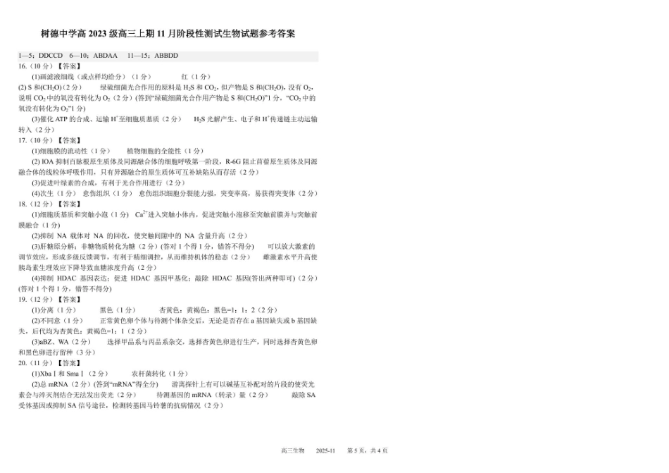 树德中学高2023级高三上学期11月阶段测试生物答案.pdf_第1页