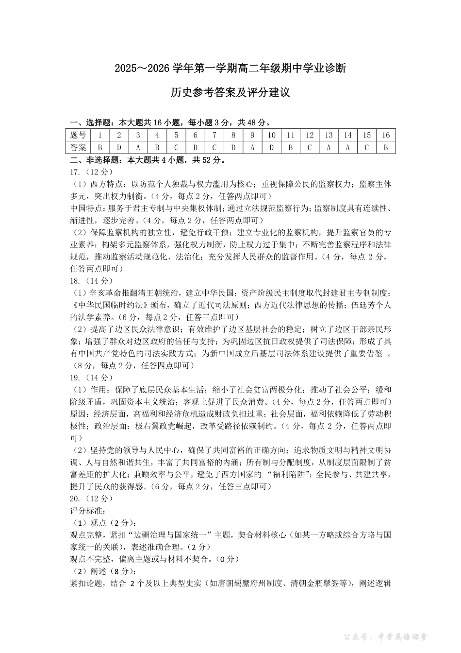 太原市2025-2026学年第一学期高二年级期中学业诊断高二历史答案.pdf_第1页