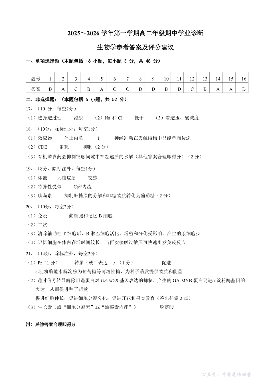太原市2025-2026学年第一学期高二年级期中学业诊断高二生物答案.pdf_第1页