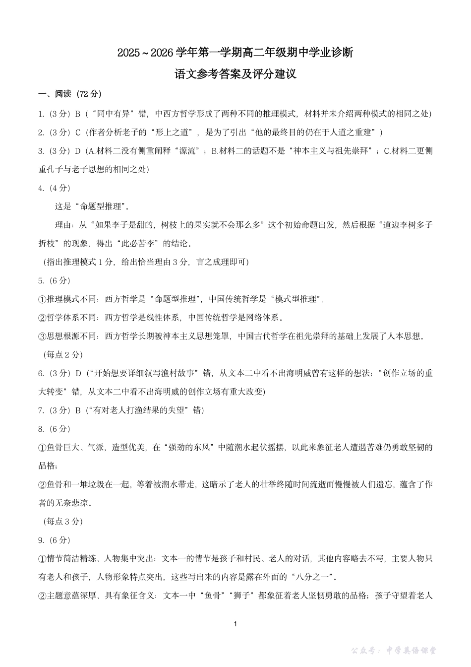 太原市2025-2026学年第一学期高二年级期中学业诊断高二语文答案.pdf_第1页