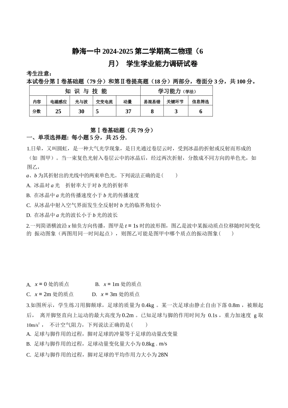 物理试卷+答案【天津卷】天津市静海区第一中学2024-2025学年高二下学期（6月）学生学业能力调研(6.12-6.13).docx_第1页